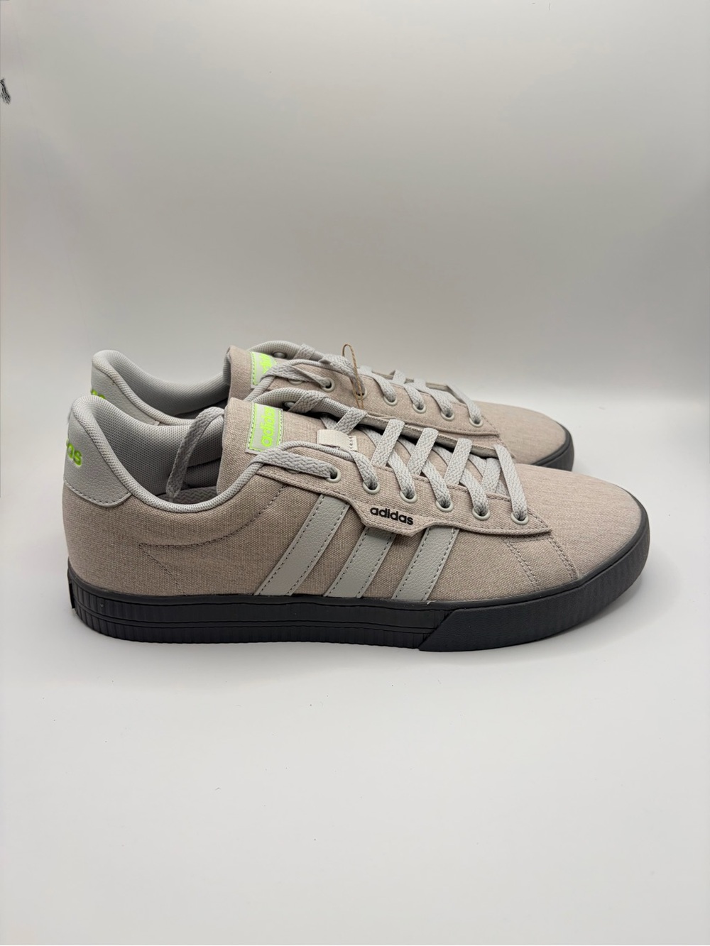 adidas Daily 3.0 Beige Canvas Sneakers with Black Sole and Neon Green Details